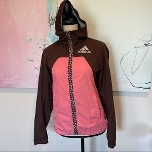 Adidas Womens Windbreaker Pink Brown Jacket Hood Full Zip Running Color block.